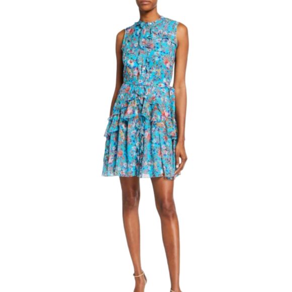 Saloni Silk Tilly Ruffle Mini Dress Turquoise Floral Print Size 4 Small - Picture 2 of 7